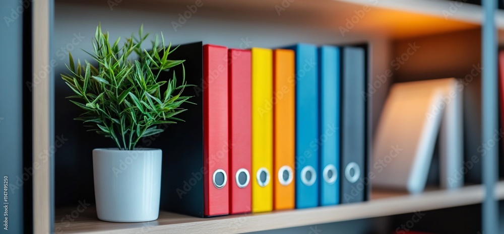 Poster a shelf displaying colorful binders and a small potted plant.