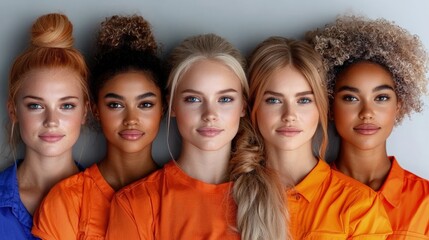 Obraz premium Portrait of five diverse young women with different hairstyles and skin tones posing together against a neutral grey background.