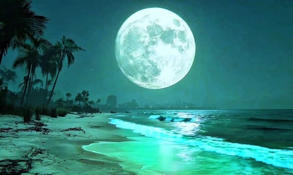 A serene night beach scene illuminated by a full moon reflecting on the ocean waves with silhouettes of palm trees. Perfect for themes of moon, beach, night, ocean, nature, tranquility, and beauty.

