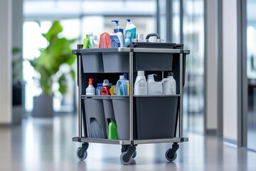 Cleaning supplies cart in modern office. Ideal for cleaning service, hygiene, and workspace concepts.