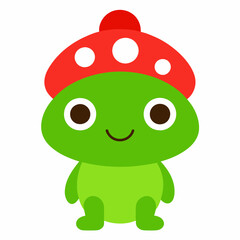 Bright Green Frog in Red Mushroom Hat Cute Kawaii Sticker on White Background