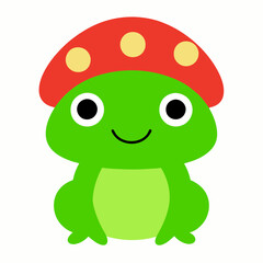Bright Green Frog in Red Mushroom Hat Cute Kawaii Sticker on White Background