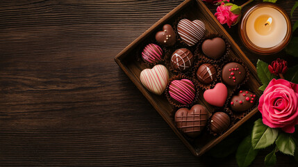 Fototapeta premium Romantic Chocolate Treats: A close-up of a wooden box filled with decadent heart-shaped chocolates, adorned with a single pink rose and a lit candle.