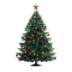 Christmas Tree with a Shiny Red Glow Star on Top and Presents Isolated on Transparent or White Background, PNG