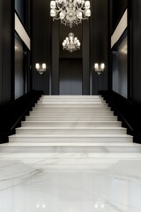 Elegant staircase with chandeliers in a luxurious setting.