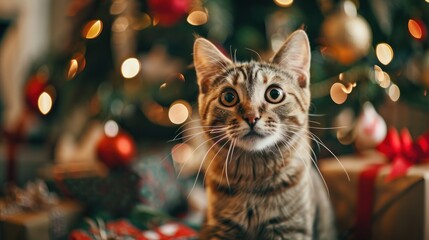 Fototapeta premium A curious tabby cat sits in front of a decorated Christmas tree with gifts.