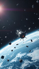Space junk, space debris, floating in space, or earth atmosphere. galactic junk, 8k unreal engine photorealism, with white tones