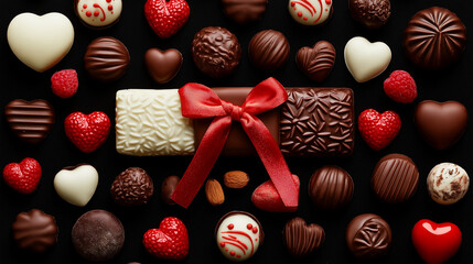Fototapeta premium Chocolate Delights: An assortment of delicious chocolates, including heart-shaped candies, dark, milk, and white chocolate, adorned with a red satin bow, make for a decadent and tempting treat.