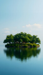 Obraz premium A small island in the middle covered in green trees. World earth trees protect love for the world green day, grunge, with white tones