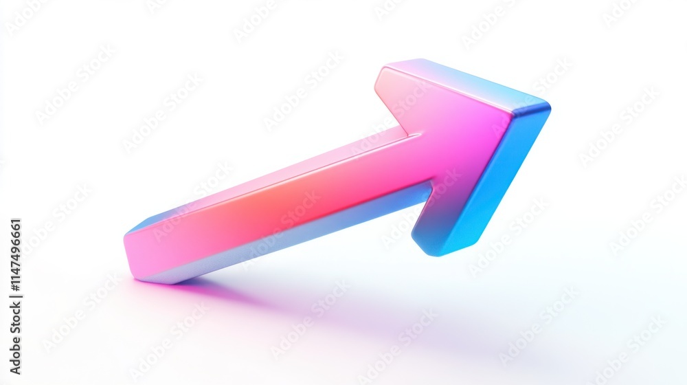 Poster a sleek 3d arrow icon in gradient colors transitioning from pink to blue, rendered with shiny, refle