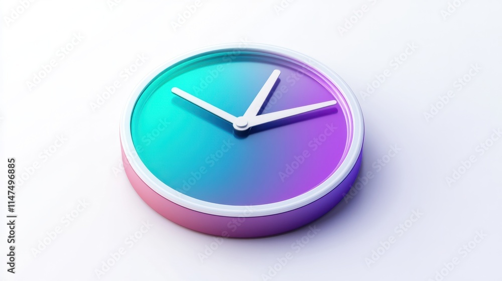 Poster a sleek 3d clock icon with gradient hues blending purple and teal, rendered with smooth edges and gl