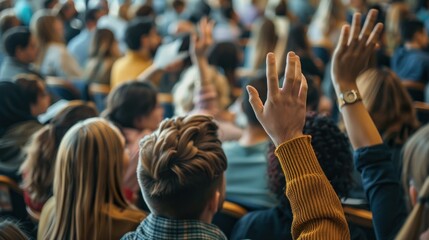 A diverse audience with raised hands, likely participating in a discussion or Q&A session.