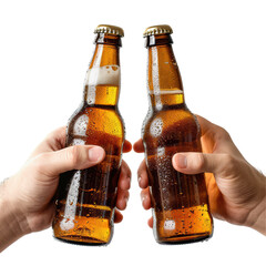 Two Hands Holding Beer Bottles in a Toasting Gesture Isolated on Transparent or White Background, PNG