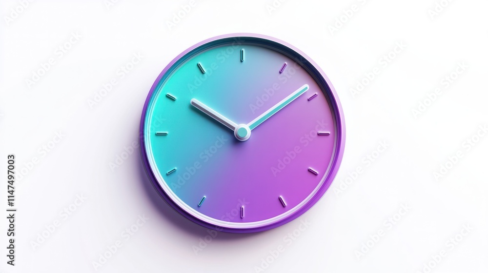 Poster a sleek 3d clock icon with gradient hues blending purple and teal, rendered with smooth edges and gl