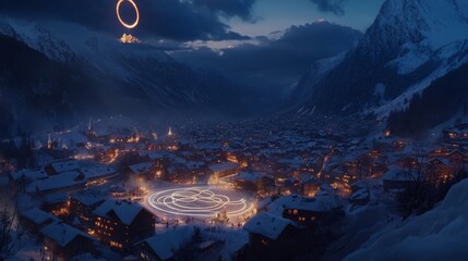 Chamonix (Haute Savoie), Auvergne Rhone Alpes, France - 07 10 2024: Logo of the Olympics in front of the Youth and Culture Centre. Chamonix hosted the first edition of the Winter Olympic Games in 1924