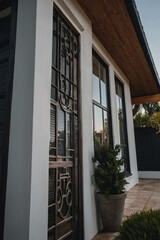 Exterior view of a modern house's entrance.  Features a white stucco wall, dark brown wooden awning, dark-framed windows, and an ornate metal security door. A potted plant sits near the door.