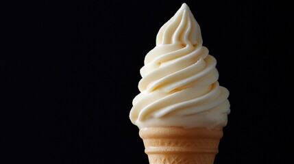 Close-up of a creamy vanilla soft serve ice cream cone against a black background.
