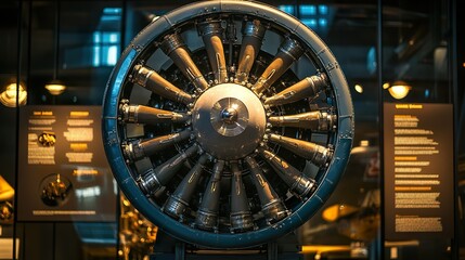 Close-up of a vintage radial aircraft engine, showcasing its intricate design and metallic components in a museum setting.