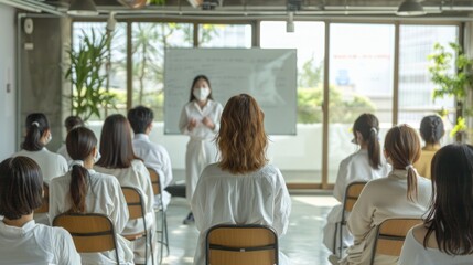 Obraz premium A group of people attending a presentation in a bright, modern classroom setting.