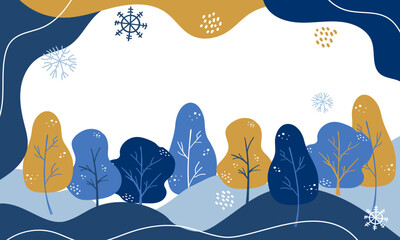 Winter abstract ibackground with snowflakes and trees in warm tones. For seasonal greeting cards, banners, or social media graphics.