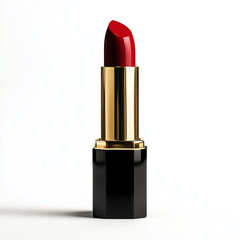 Elegant red lipstick with luxurious gold and black casing, standing upright on white background, exuding sophistication and beauty
