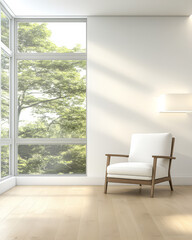 Fototapeta premium Bright room with modern chair and large windows overlooking green trees