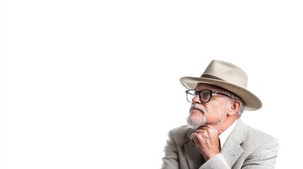 Thoughtful elderly gentleman in a stylish light grey suit and hat, gazing thoughtfully to the side against a bright white background, showcasing wisdom and contemplation.