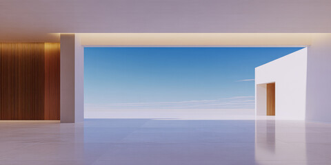 Modern interior with large window revealing blue sky and minimalist design