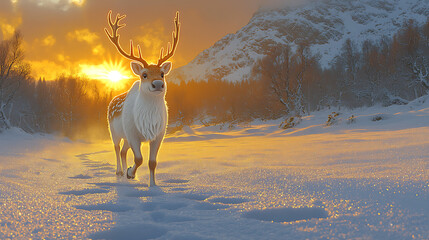 A reindeer walking on ice during sunrise 