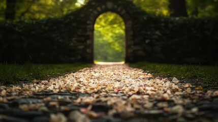 Fototapeta premium Trail of petals leading to an ancient gate in a serene garden, poetic and inviting, anticipation, hope, journey