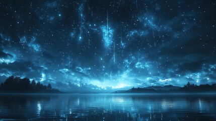 Starry night, calm lake, distant shore.