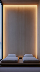Minimalist bedroom design with natural wood walls and soft lighting in a modern space