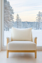 Cozy armchair by large window overlooking winter landscape with snow-covered trees