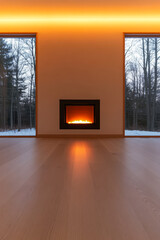 Cozy interior with modern fireplace and snowy landscape viewed through large windows