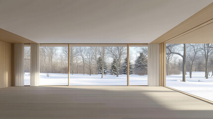 Modern interior with large windows showcasing winter landscape and snow-covered trees