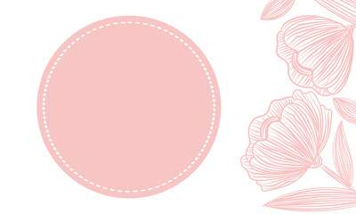 Naklejka premium Floral illustration with pastel pink circle label with space for text. For greeting cards, invitations, or branding designs. The delicate line art and soft colors
