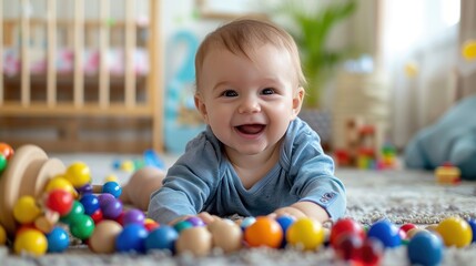 Obraz premium A joyful baby playing on the floor surrounded by colorful wooden toys.