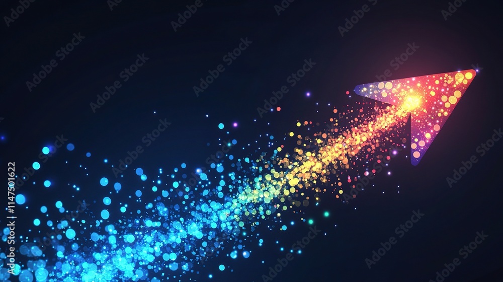 Poster abstract technology background with rising arrow and colorful particles