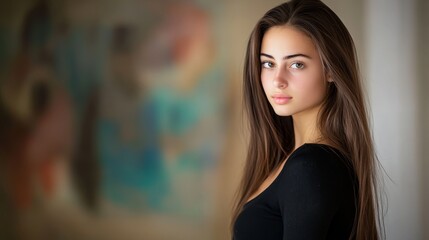 Naklejka premium Brunette woman in black top posing near blurred wall at home 