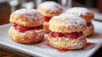 Bollos dulces rellenos de crema batida y fresas frescas, espolvoreados con azúcar glas y servidos en un plato blanco en un ambiente acogedor