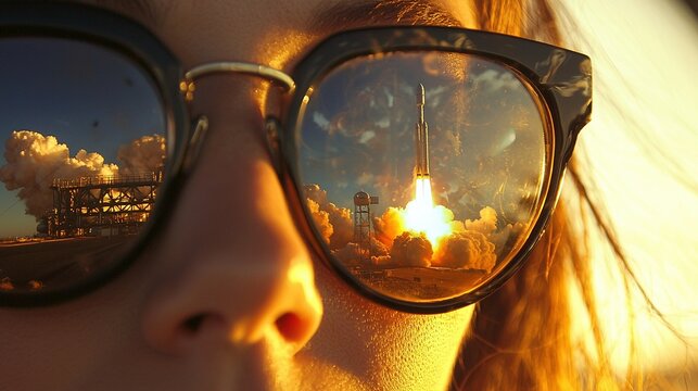 Reflejo de un cohete despegando en las gafas de sol de una persona, capturado al atardecer con luz c&aacute;lida y detalles dram&aacute;ticos