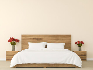 Modern bedroom interior with wooden bed and fresh flowers during daylight