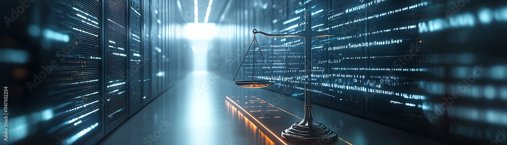 Poster a conceptual image of law scales with floating digital data points
