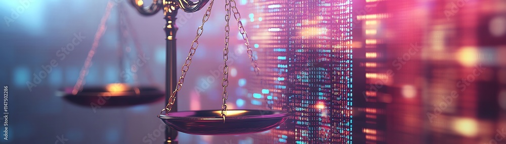 Poster a conceptual image of law scales with floating digital data points