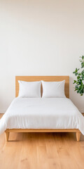 Modern minimalist bedroom design featuring a wooden bed and indoor plant for fresh ambiance