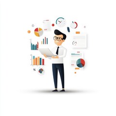 Professional business character analyzing various charts and graphs with documents in hand, showcasing data analysis and business performance in a modern digital workspace.