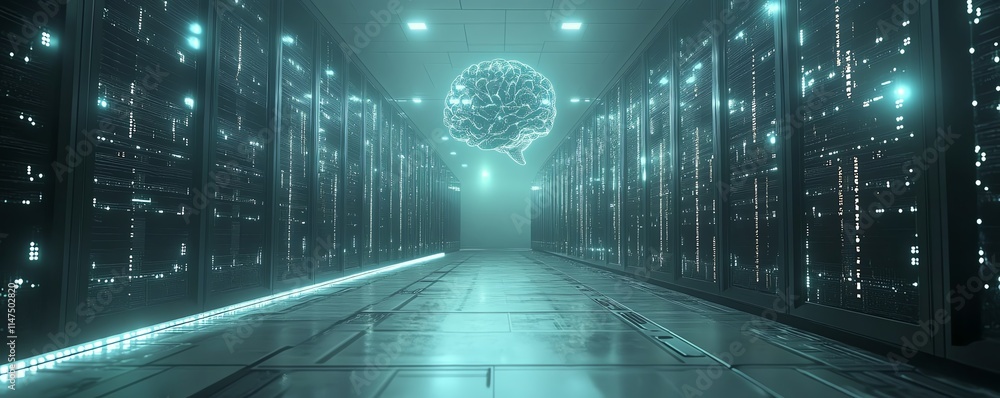 Poster a futuristic ai brain seamlessly connected to a towering data center, pulsating with energy and surr