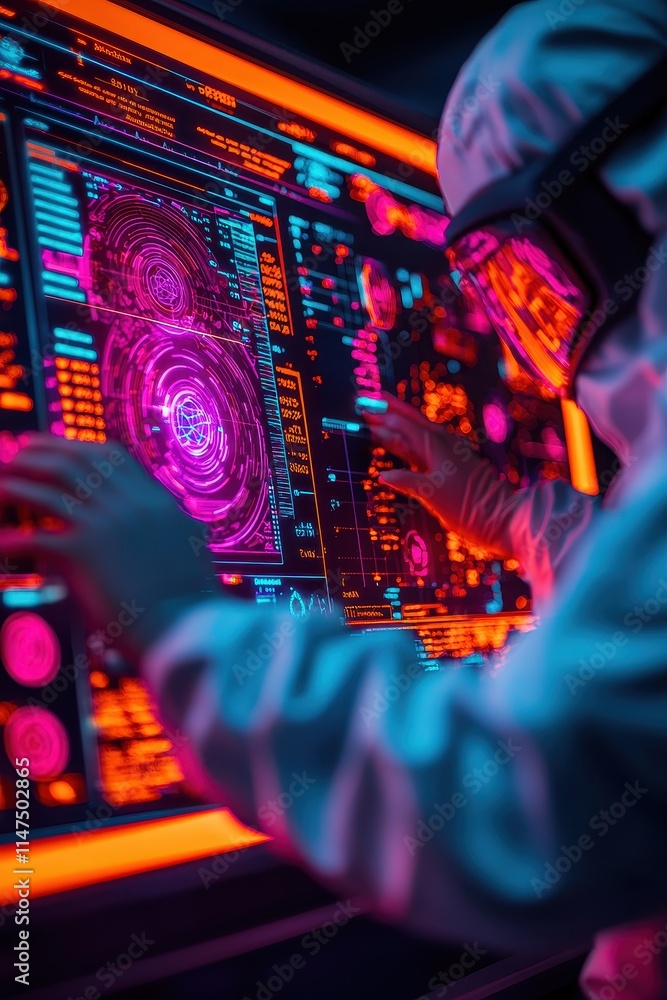 Poster a futuristic scene showing an astronaut interacting with a vibrant, high-tech interface, illuminated