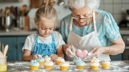 Fototapeta premium A grandmother and granddaughter joyfully decorate cupcakes together in a cozy kitchen, showcasing a heart-shaped topping and a delightful baking experience.