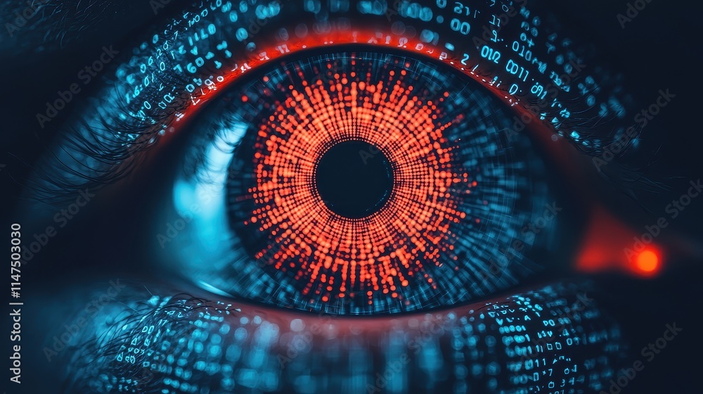Poster a digital eye with a vibrant red and blue design, surrounded by binary code, symbolizing technology 